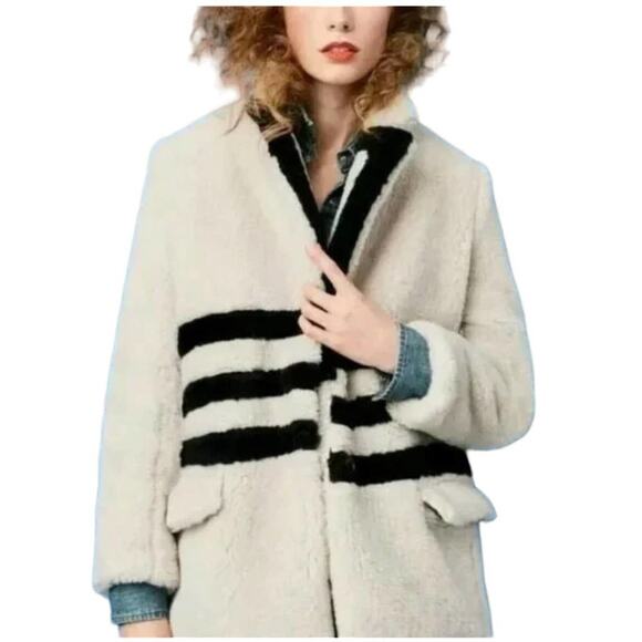 J. Crew Yuma Teddy Sherpa Trench Striped Fuzzy Cream Navy Coat Jacket XS - Picture 1 of 16